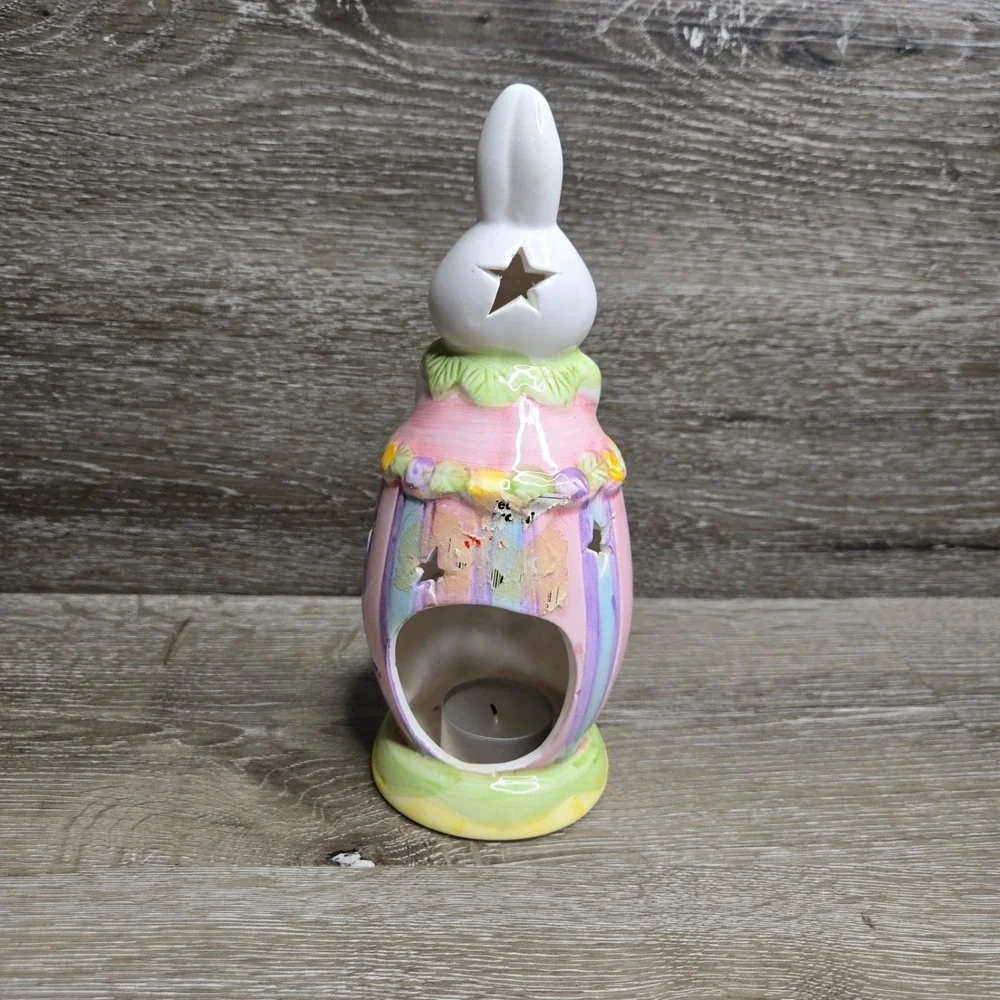Ceramic Easter Bunny Rabbit Tealight Candle Holder Pastel Stripe Star Cutout